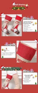 Detail of red polka dot and burlap Christmas stockings with plush trim and festive gnome print