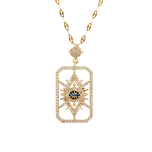 Gold Evil Eye geometric necklace with blue zircon inlay and sparkling sunburst pendant