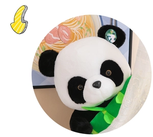 Close-up detail showing the soft fur and cute face of a panda plush toy holding bamboo