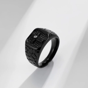 Vintage black stainless steel square signet ring with cross and zircon for men