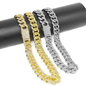 Golden and silver 12.5mm Cuban link necklaces with rhinestone buckle and smooth metal finish