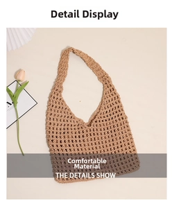 Flat lay of a woven hollow cotton rope shoulder bag in light coffee for beach vacations