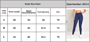 Detailed size chart for high-waisted seamless yoga leggings in sizes S, M, and L