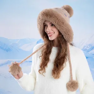 Cappello Invernale Donna Maglia Con Paraorecchie Pelliccia Sintetica Caldo Antivento Pom Pon Accessori Termici Esterni