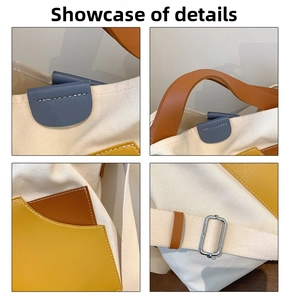 Detail shots of canvas bucket bag with contrast stitching and adjustable metal strap buckle