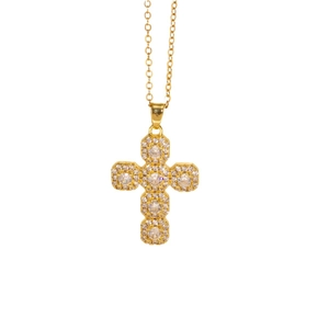 Golden cross pendant necklace for women with sparkling white zircon stones inlay