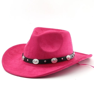 Classic rose red felt cowboy hat featuring black leather band with silver metal conchos