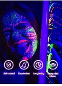 Macro shot of fluorescent UV body paint in neon colors under blacklight with product icons
