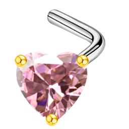 Detailed macro shot of L-shaped surgical steel nose stud with pink heart zircon