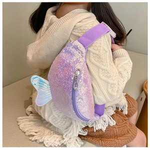 Detail view of purple mermaid sequin bag with iridescent tail on a young girl's back