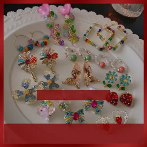 Fashion Geometric Stud Earrings With Silver Earring Post Alloy Rhinestone Colorful Resin Butterfly Heart Flower For Women