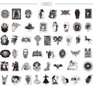 Detailed grid view of assorted black and white punk gothic graffiti waterproof stickers
