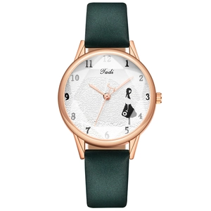 Minimalist women's quartz watch with dark green leather strap and rose gold metal case