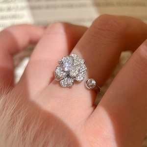 Elegant Camellia Flower Open Ring For Women Copper Zircon Micro Paved Silver Plated Adjustable Fashion Jewelry