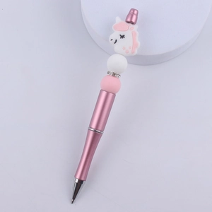 Pink unicorn beaded ballpoint pen with sparkling rhinestones and cute cartoon design