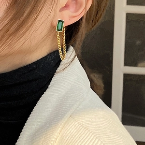 Elegant gold titanium steel earrings with green emerald-cut gemstones and long chain tassel