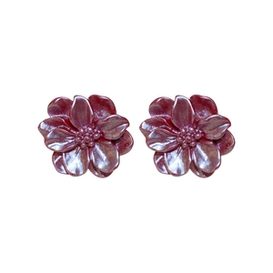 Elegant double-layer dark red resin flower stud earrings with a silver needle post