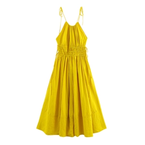 Sleeveless yellow linen blend maxi dress with shirred waist and thin shoulder straps