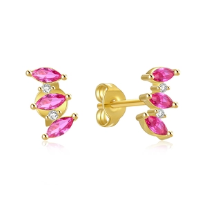 Detail view of gold S925 silver stud earrings with marquise pink stones and diamonds