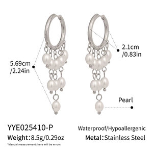 Detailed spec view of silver tassel pearl earrings with stainless steel size information