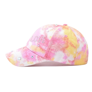 Colorful tie-dye baseball cap for women featuring rhinestone LOVE lettering and studs