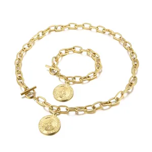 Stainless Steel Necklace And Bracelet With Round Coin Virgin Mary Religious Pendant And OT Clasp For Women Retro Elegant