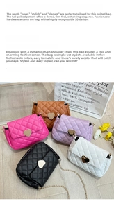 Flat lay of quilted crossbody bags in five colors with golden heart-shaped metal locks