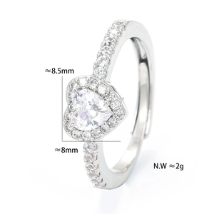 Minimalist silver heart ring with micro-pave cubic zirconia and open adjustable band