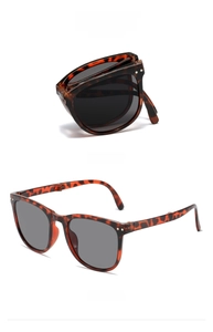 Foldable tortoiseshell sunglasses with grey lenses shown in open and compact folded views