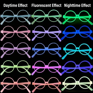 Luminous round glasses in five colors shown in day, fluorescent, and night modes