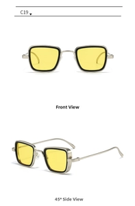 Detailed front and side views of vintage metal square sunglasses with yellow tinted lenses