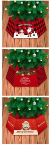 Three festive Christmas tree skirts with Santa, snowman and red plaid patterns on wood floor