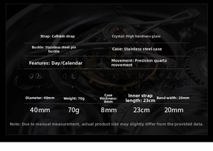 Detailed size chart for KINGNUOS quartz watch showing 40mm diameter and 8mm thickness