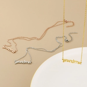 Minimalist grandma script pendant necklaces in gold, silver, and rose gold finish