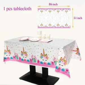 Golden foil unicorn party PE tablecloth with floral patterns, 86 x 51 inch size