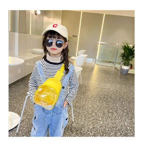 Detail of bright yellow kids crossbody bag with glitter filled clear PVC window design