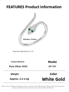 Detail view of S925 sterling silver snake ring with green zircon eyes and crystal pavé