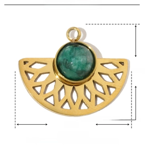 Detail showing 14mm by 17mm fan-shaped gold pendant with green natural stone