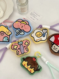 Plush cartoon bag pendants with embroidery, featuring flower, mushroom and egg designs
