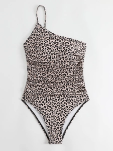 Sexy Ein-Schulter-Badeanzug mit Leopardenmuster und figurformenden Raffungen