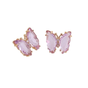 Elegant gold butterfly stud earrings with pink crystal stones on a clean white background