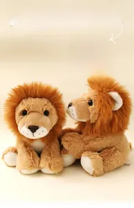Close-up detail of soft plush lion toys with fluffy brown manes and vibrant colors