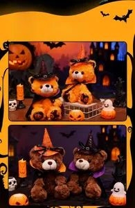 Dettaglio di orsetti di Halloween con cappelli da mago paillettati e mantelle con zucche