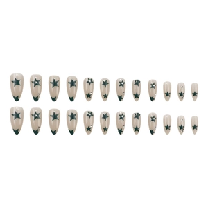 Army green star almond press-on nails set with rhinestones on beige base 24pcs