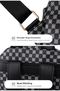Detail of clover pattern fabric with black leather strap and golden D-ring buckle hardware
