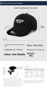 Guide des tailles pour casquette de baseball en velours avec mesures de tête et de visière