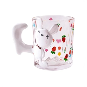 Japanese style glass cup with 3D bunny handle and cute hand-painted carrot patterns