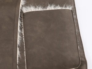 Detailed close-up of dark brown faux suede with white plush lining and premium stitching