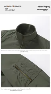 Detail view of the stand-up collar and tactical sleeve pocket on dark green flight jacket