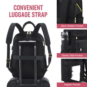 Detail view of luggage strap, anti-theft pocket and side compartments on black backpack